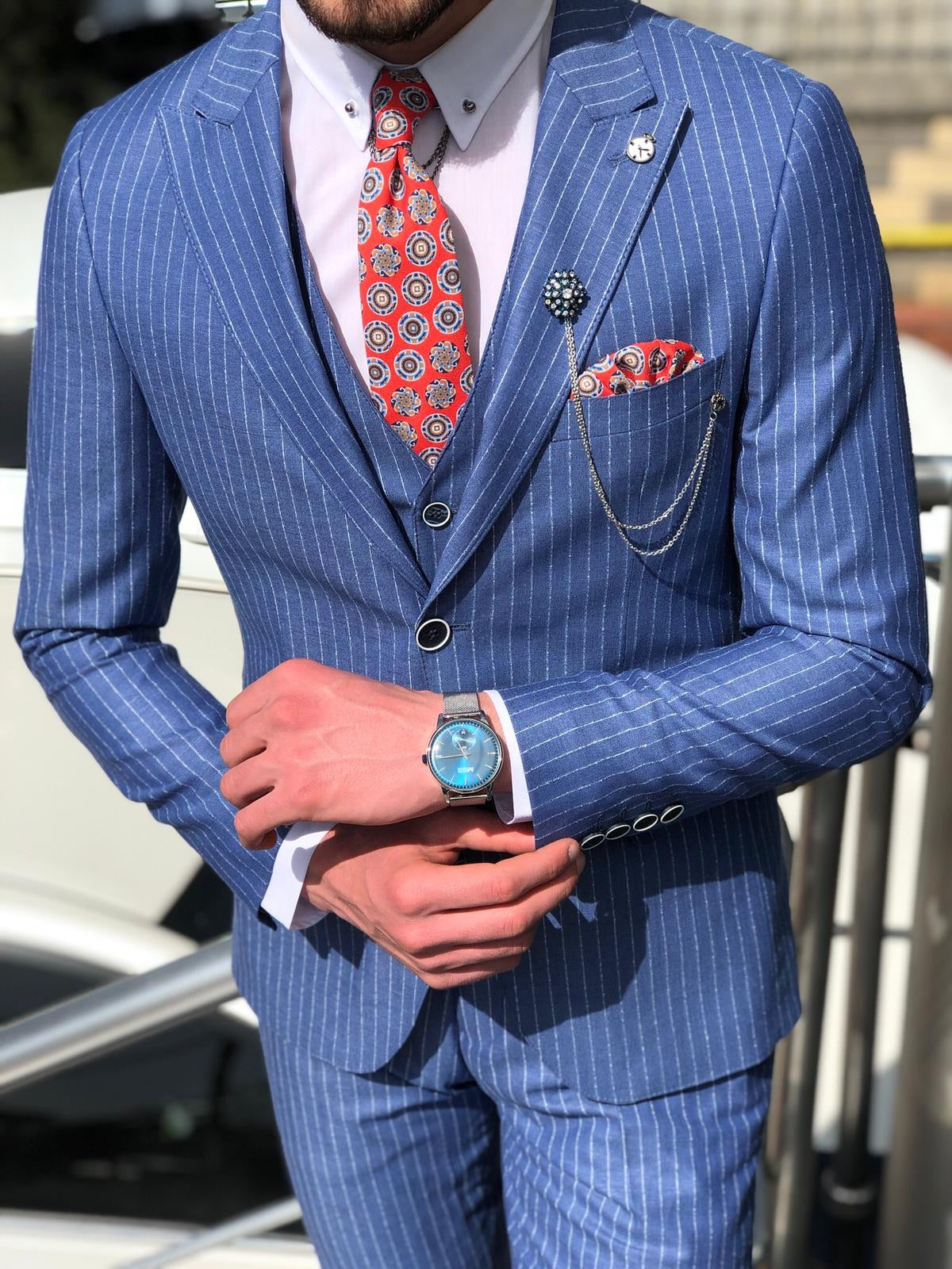 Buy Men Suits Blue 2 Piece Suit, Blue Striped Suit, Wedding Groom Party  Wear Coat Pant, Blue Suit, Blue Slim Fit Double Breasted Pinstripe Suit  Online in India - Etsy